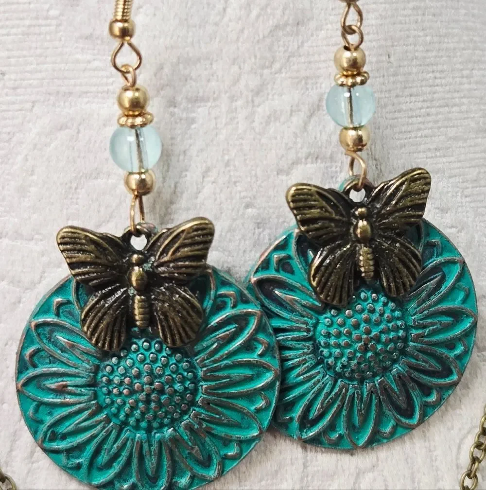 Verdigris Butterfly Sunflower Pendant Necklace Earring Set Ethnic Copper Patina